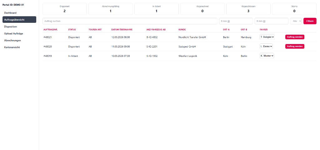 Auftragsliste im Portal mit Status und Filter