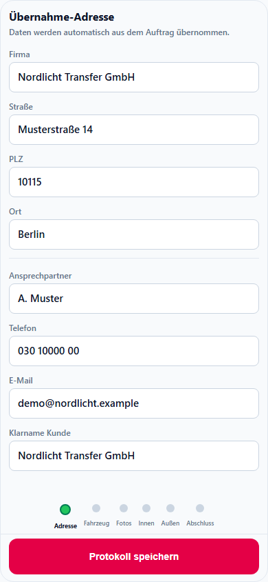 Fahrzeugprotokoll in der App: Adresse und Kontaktdaten