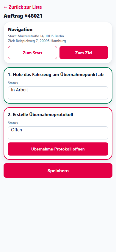 Aufgaben in der App: Navigation, Abholung, Übernahmeprotokoll